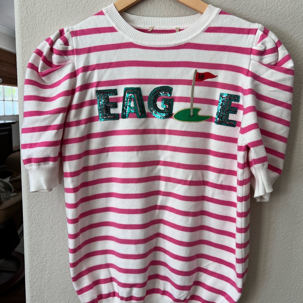 Pink and White Striped Sweater with Sequin Golf Eagle Design